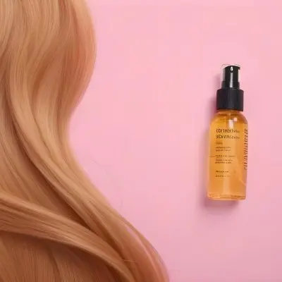 A Bottle Of Hair Oil And A Strand Of Blonde Hair On A Pink Background 6 81f8