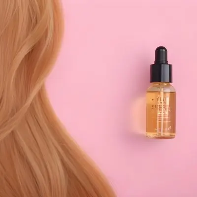 A Bottle Of Hair Oil And A Strand Of Blonde Hair On A Pink Background 8 E5bd