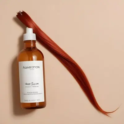 A Bottle Of Hair Serum On Top Of A Strand Of Long Straight Red Hair Beige Background 10
