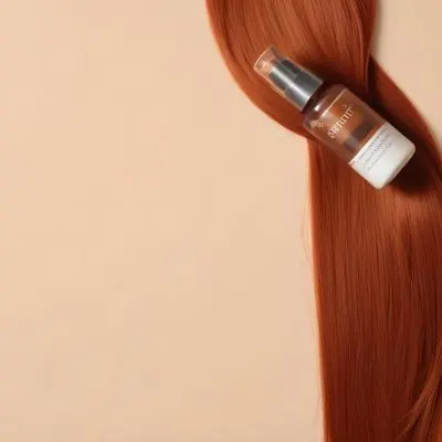 A Bottle Of Hair Serum On Top Of A Strand Of Long Straight Red Hair Beige Background 14 53d8