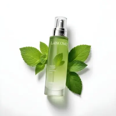 A Bottle Of Lancome Serum With Mint Leaves On A White Background Product Photography Studio Shot Clean Minimalist 18 1d12 4fc2