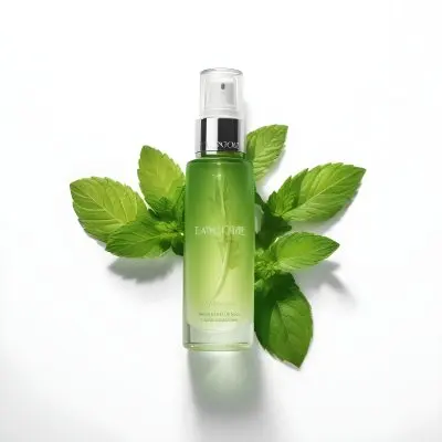 A Bottle Of Lancome Serum With Mint Leaves On A White Background Product Photography Studio Shot Clean Minimalist 22 C487