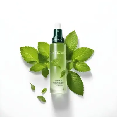 A Bottle Of Lancome Serum With Mint Leaves On A White Background Product Photography Studio Shot Clean Minimalist 24 260d