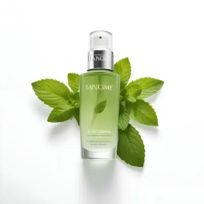 A Bottle Of Lancome Serum With Mint Leaves On A White Background Product Photography Studio Shot Clean Minimalist 25 Fcf1