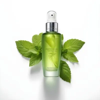 A Bottle Of Lancome Serum With Mint Leaves On A White Background Product Photography Studio Shot Clean Minimalist 27 E4d7
