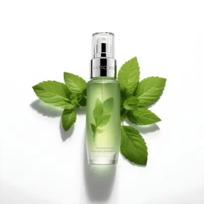 A Bottle Of Lancome Serum With Mint Leaves On A White Background Product Photography Studio Shot Clean Minimalist 30 9a3f
