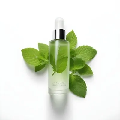 A Bottle Of Lancome Serum With Mint Leaves On A White Background Product Photography Studio Shot Clean Minimalist 32 Ea33