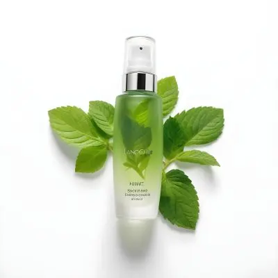 A Bottle Of Lancome Serum With Mint Leaves On A White Background Product Photography Studio Shot Clean Minimalist 33 1a6a