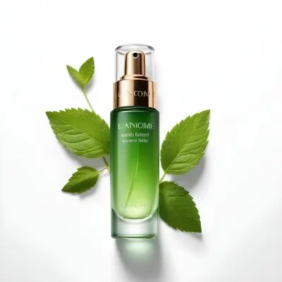 A Bottle Of Lancome Serum With Mint Leaves On A White Background Product Photography Studio Shot Clean Minimalist 6 1e2b