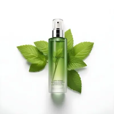 A Bottle Of Lancome Serum With Mint Leaves On A White Background Product Photography Studio Shot Clean Minimalist 7 D6a3