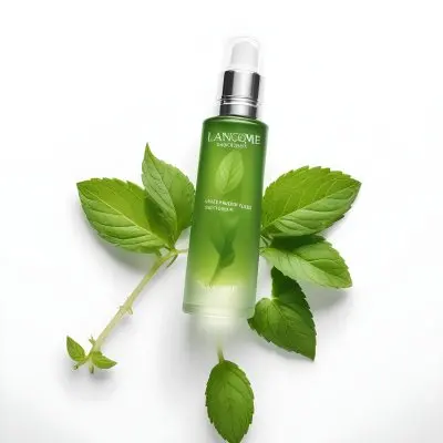 A Bottle Of Lancome Serum With Mint Leaves On A White Background Product Photography Studio Shot Clean Minimalist 9 14cd