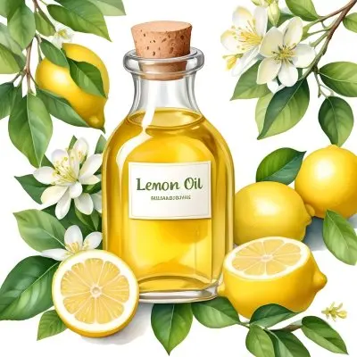 A Bottle Of Lemon Oil Surrounded By Lemons Lemon Blossoms And Leaves Watercolor Painting On White Background Botanical Illustration 4 7bed
