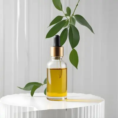 A Bottle Of Oil With A Dropper On A White Pedestal With A Corrugated Glass And Green Leaves In The Background 1 4f84