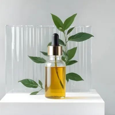 A Bottle Of Oil With A Dropper On A White Pedestal With A Corrugated Glass And Green Leaves In The Background 11 8528