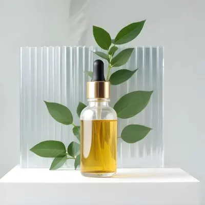 A Bottle Of Oil With A Dropper On A White Pedestal With A Corrugated Glass And Green Leaves In The Background 16 3d4c