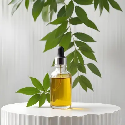 A Bottle Of Oil With A Dropper On A White Pedestal With A Corrugated Glass And Green Leaves In The Background 24 2e10