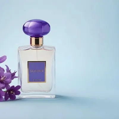A Bottle Of Perfume With A Purple Cap Surrounded By Purple Flowers On A Light Blue Background 11 2def