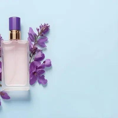 A Bottle Of Perfume With A Purple Cap Surrounded By Purple Flowers On A Light Blue Background 2 0c80