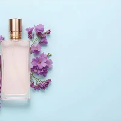 A Bottle Of Perfume With A Purple Cap Surrounded By Purple Flowers On A Light Blue Background 27 8307