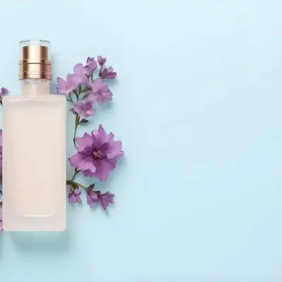 A Bottle Of Perfume With A Purple Cap Surrounded By Purple Flowers On A Light Blue Background 37 8698