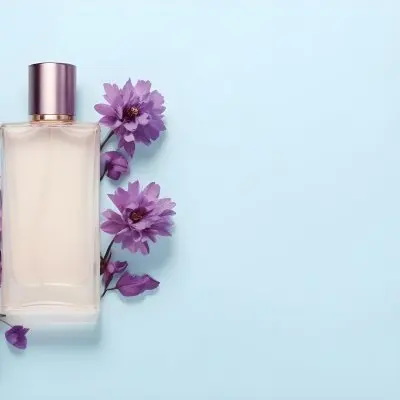 A Bottle Of Perfume With A Purple Cap Surrounded By Purple Flowers On A Light Blue Background 43 2684