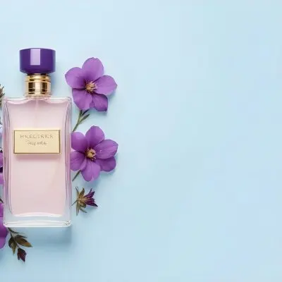 A Bottle Of Perfume With A Purple Cap Surrounded By Purple Flowers On A Light Blue Background 44 491f