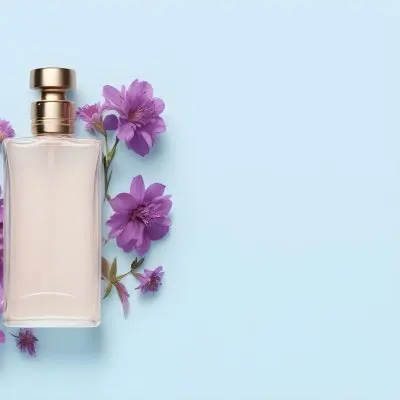 A Bottle Of Perfume With A Purple Cap Surrounded By Purple Flowers On A Light Blue Background 48 73ef