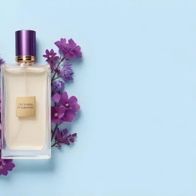 A Bottle Of Perfume With A Purple Cap Surrounded By Purple Flowers On A Light Blue Background 53 49bb