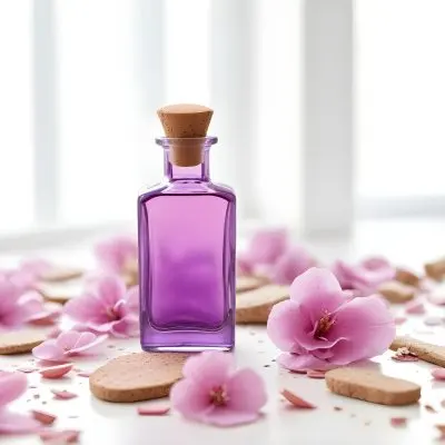 A Bottle Of Purple Liquid With A Cork Stopper Surrounded By Pink Flower Petals In A Bright Room With A Window 10 2f3c