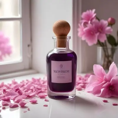 A Bottle Of Purple Liquid With A Cork Stopper Surrounded By Pink Flower Petals In A Bright Room With A Window 21 E895
