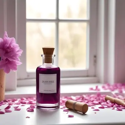 A Bottle Of Purple Liquid With A Cork Stopper Surrounded By Pink Flower Petals In A Bright Room With A Window 23 3549