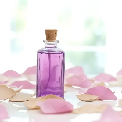 A Bottle Of Purple Liquid With A Cork Stopper Surrounded By Pink Flower Petals In A Bright Room With A Window 3 1cb4
