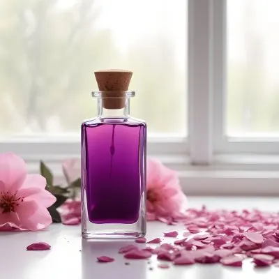 A Bottle Of Purple Liquid With A Cork Stopper Surrounded By Pink Flower Petals In A Bright Room With A Window 40 153e