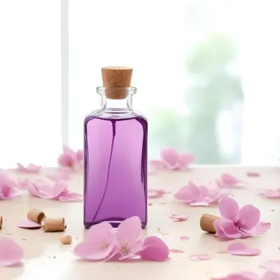 A Bottle Of Purple Liquid With A Cork Stopper Surrounded By Pink Flower Petals In A Bright Room With A Window 46 5b99