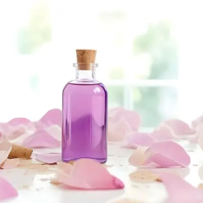 A Bottle Of Purple Liquid With A Cork Stopper Surrounded By Pink Flower Petals In A Bright Room With A Window 7 Ed9f