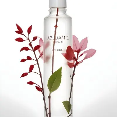 A Bottle Of Serum With Red Flowers And Red Leaves On A White Background Product Photography Beauty Product Minimalist Studio Shot 10 E98b