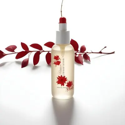 A Bottle Of Serum With Red Flowers And Red Leaves On A White Background Product Photography Beauty Product Minimalist Studio Shot 17 8746