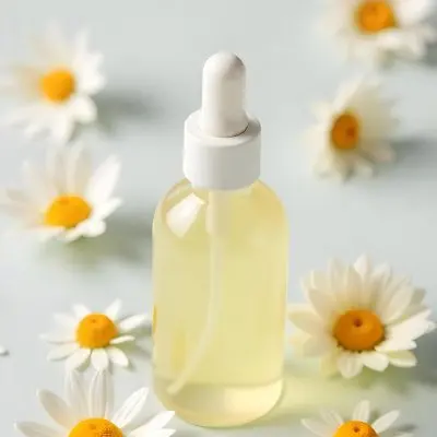 A Bottle Of Yellow Liquid Surrounded By White Daisy Flowers On A Light Background 19 8459