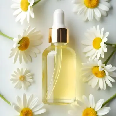 A Bottle Of Yellow Liquid Surrounded By White Daisy Flowers On A Light Background 20 1227