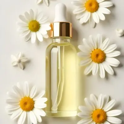 A Bottle Of Yellow Liquid Surrounded By White Daisy Flowers On A Light Background 23 12eb