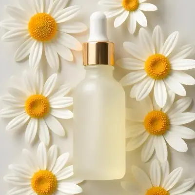 A Bottle Of Yellow Liquid Surrounded By White Daisy Flowers On A Light Background 27 189b