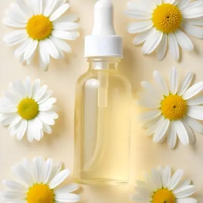 A Bottle Of Yellow Liquid Surrounded By White Daisy Flowers On A Light Background 3 13f9