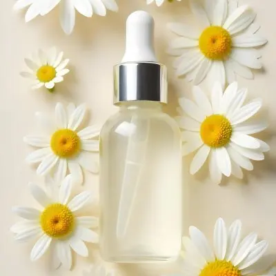A Bottle Of Yellow Liquid Surrounded By White Daisy Flowers On A Light Background 6 3a7a