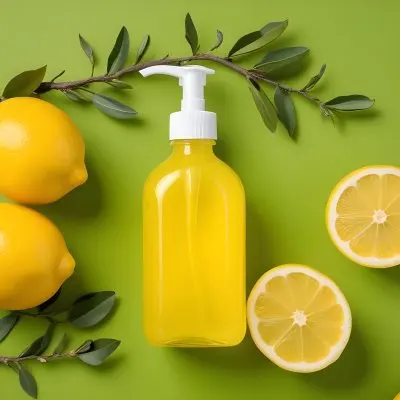 A Bottle Of Yellow Liquid With A Pump Dispenser Surrounded By Fresh Lemons And Twigs On A Bright Green Background 11 614a