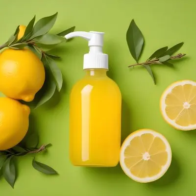 A Bottle Of Yellow Liquid With A Pump Dispenser Surrounded By Fresh Lemons And Twigs On A Bright Green Background 16 Eeaa