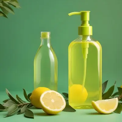 A Bottle Of Yellow Liquid With A Pump Dispenser Surrounded By Fresh Lemons And Twigs On A Bright Green Background 18 352f