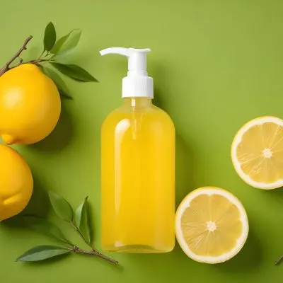 A Bottle Of Yellow Liquid With A Pump Dispenser Surrounded By Fresh Lemons And Twigs On A Bright Green Background 20 816f