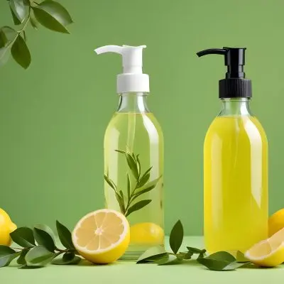 A Bottle Of Yellow Liquid With A Pump Dispenser Surrounded By Fresh Lemons And Twigs On A Bright Green Background 24 2ddb