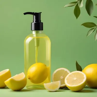 A Bottle Of Yellow Liquid With A Pump Dispenser Surrounded By Fresh Lemons And Twigs On A Bright Green Background 27