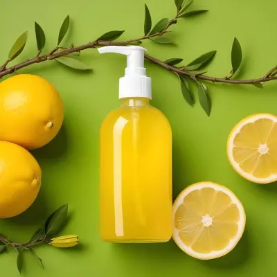 A Bottle Of Yellow Liquid With A Pump Dispenser Surrounded By Fresh Lemons And Twigs On A Bright Green Background 28